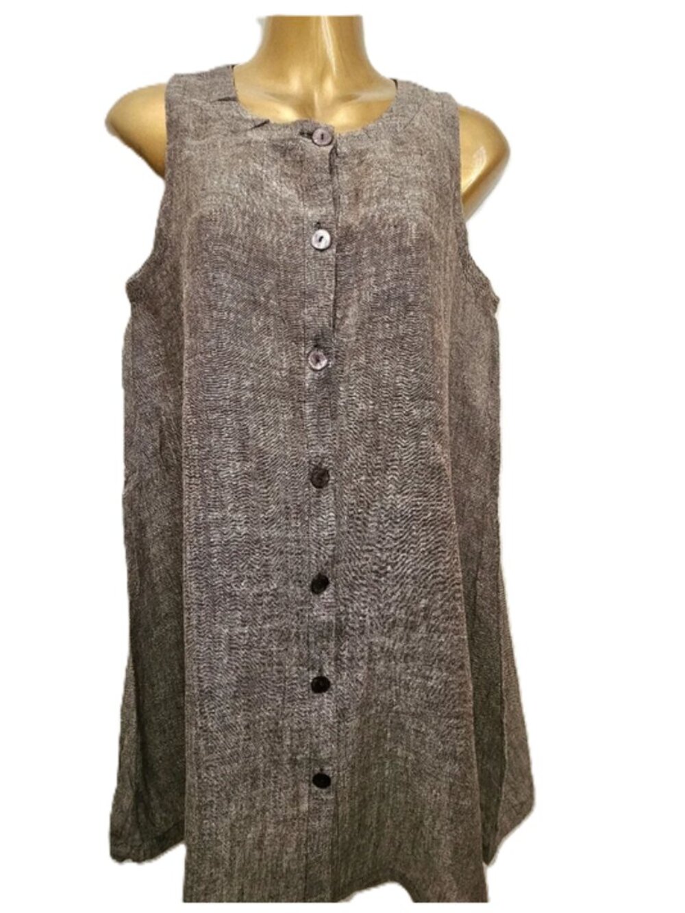 Eileen Fisher Brown Linen Button Up Sleeveless Dress size S